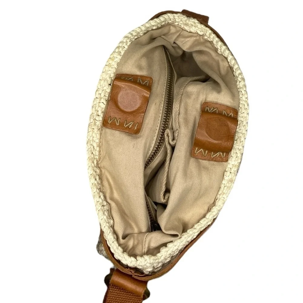 Lucky Brand Woven Cotton and Leather Stylish Tan and Brown Boho Crossbody Bag